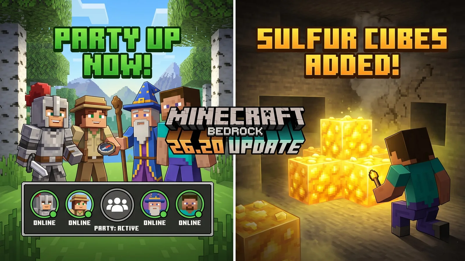 Minecraft Bedrock 26.20 Update Adds Sulfur Cubes and Party System
